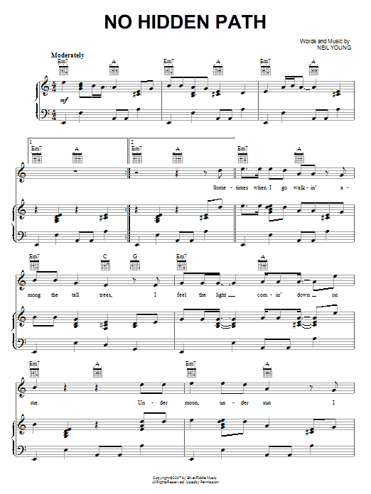 Learn to play Neil Young No Hidden Path sheet music for Piano, Vocal & Guitar Chords (Right-Hand Melody) in minutes. Price: 7.8900$ Neil Young No Hidden Path sheet music notes and chords arranged for Piano, Vocal & Guitar Chords (Right-Hand Melody)