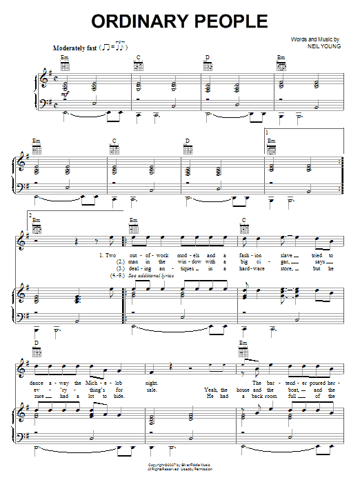 Neil Young Ordinary People sheet music notes and chords arranged for Piano, Vocal & Guitar Chords (Right-Hand Melody)