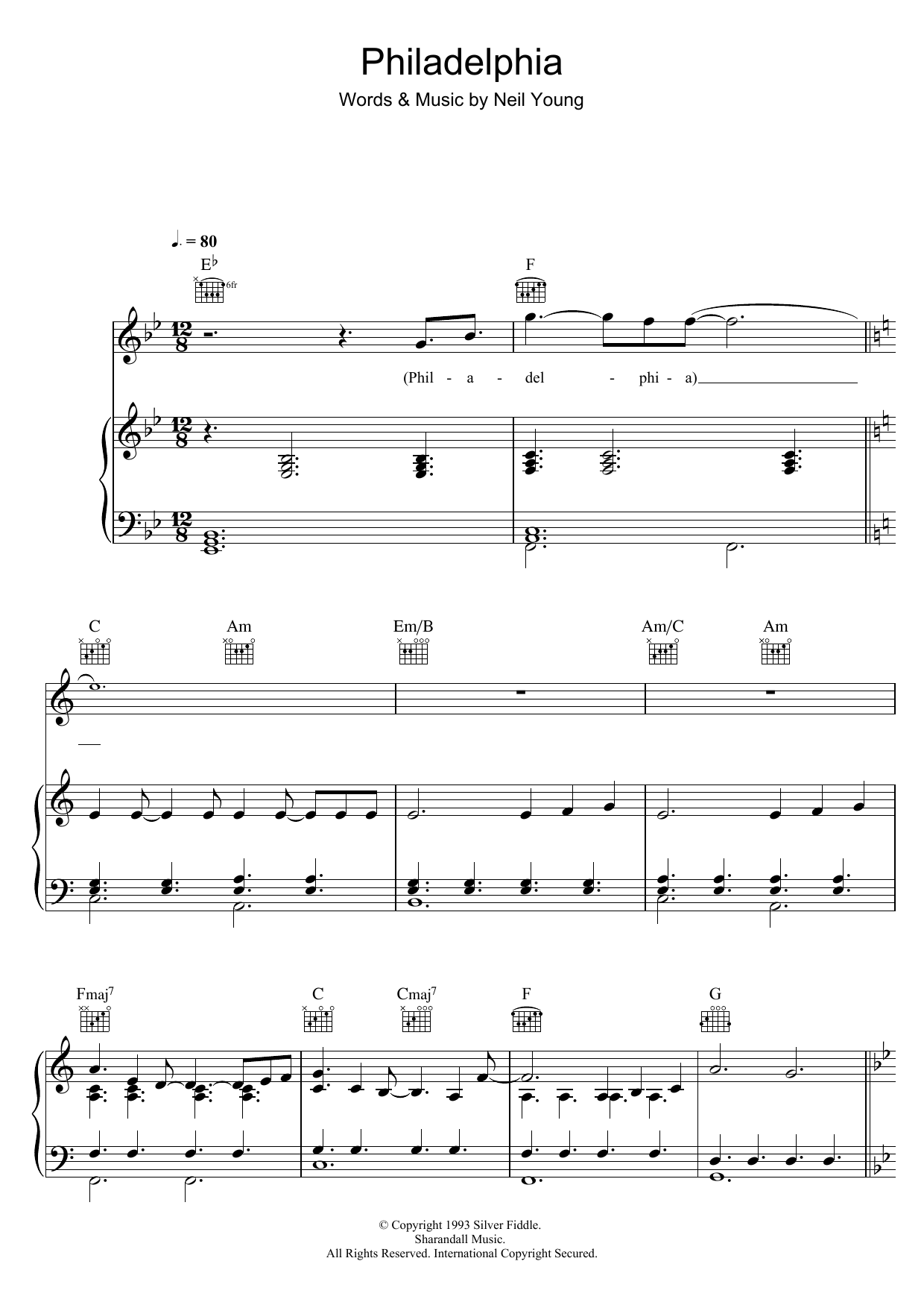 Neil Young Philadelphia sheet music notes and chords. Download Printable PDF.