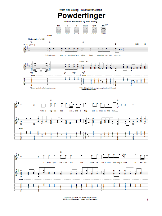 Neil Young Powderfinger sheet music notes and chords. Download Printable PDF.