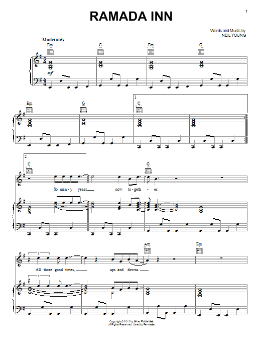 Learn to play Neil Young Ramada Inn sheet music for Piano, Vocal & Guitar Chords (Right-Hand Melody) in minutes. Price: 7.8900$ Neil Young Ramada Inn sheet music notes and chords arranged for Piano, Vocal & Guitar Chords (Right-Hand Melody)