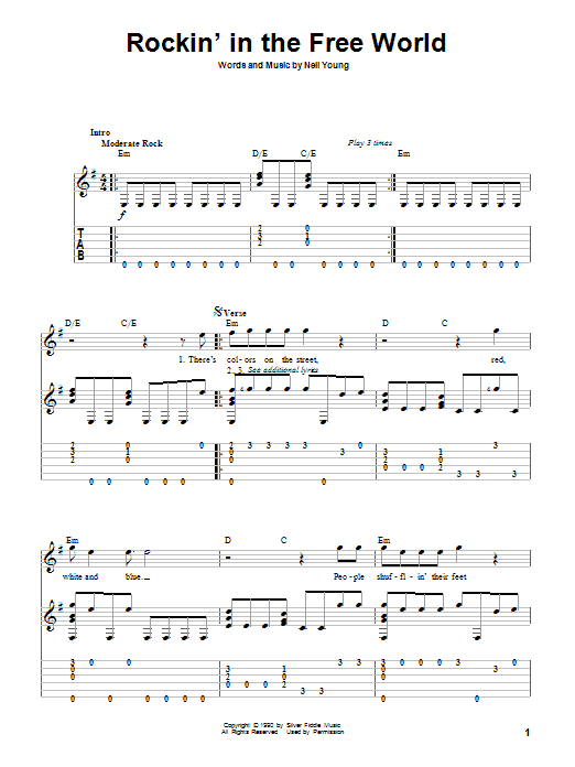 Neil Young Rockin' In The Free World sheet music notes and chords. Download Printable PDF.