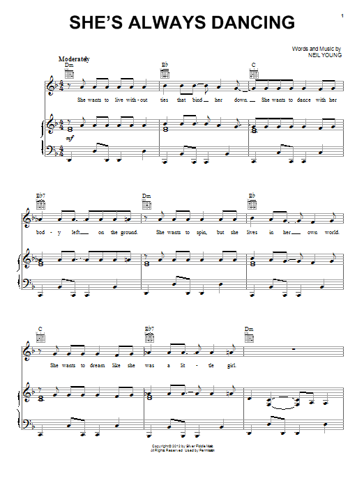 Learn to play Neil Young She's Always Dancing sheet music for Piano, Vocal & Guitar Chords (Right-Hand Melody) in minutes. Price: 7.8900$ Neil Young She's Always Dancing sheet music notes and chords arranged for Piano, Vocal & Guitar Chords (Right-Hand Melody)