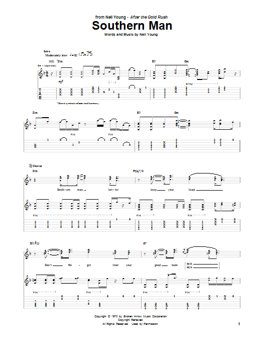 Neil Young Southern Man sheet music notes and chords. Download Printable PDF.