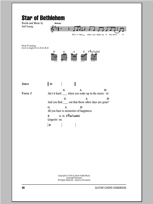 Neil Young Star Of Bethlehem sheet music notes and chords. Download Printable PDF.