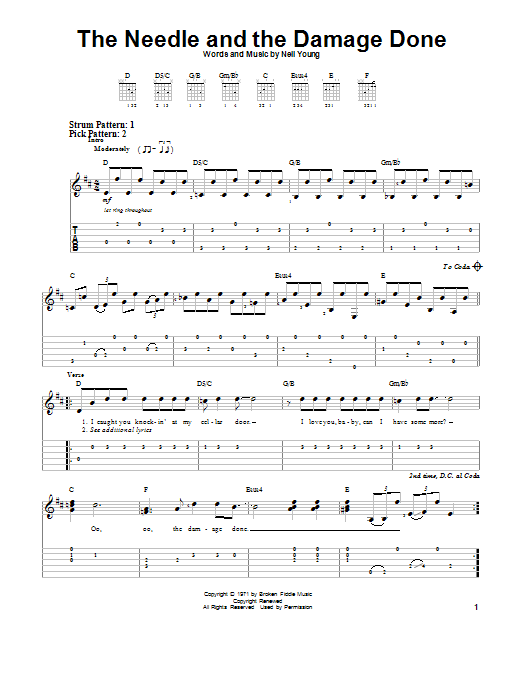 Neil Young The Needle And The Damage Done sheet music notes and chords. Download Printable PDF.