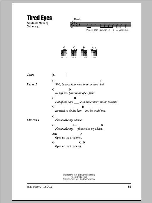 Neil Young Tired Eyes sheet music notes and chords. Download Printable PDF.