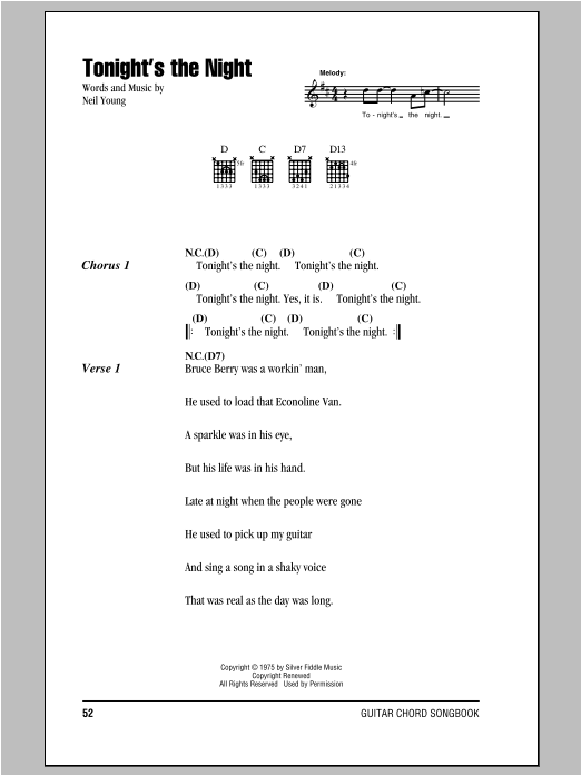 Neil Young Tonight's The Night sheet music notes and chords. Download Printable PDF.