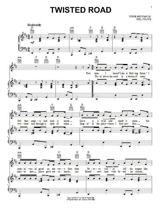 Learn to play Neil Young Twisted Road sheet music for Piano, Vocal & Guitar Chords (Right-Hand Melody) in minutes. Price: 7.8900$ Neil Young Twisted Road sheet music notes and chords arranged for Piano, Vocal & Guitar Chords (Right-Hand Melody)