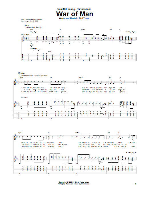Learn to play Neil Young War Of Man sheet music for Guitar Tab in minutes. Price: 7.8900$ Neil Young War Of Man sheet music notes and chords arranged for Guitar Tab