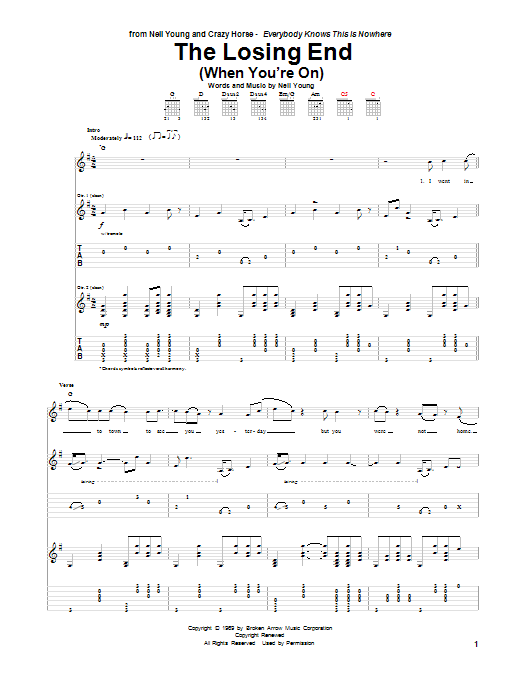 Learn to play Neil Young (When You're On) The Losing End sheet music for Guitar Tab in minutes. Price: 7.8900$ Neil Young (When You're On) The Losing End sheet music notes and chords arranged for Guitar Tab