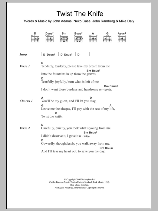 Neko Case & Her Boyfriends Twist The Knife sheet music notes and chords. Download Printable PDF.