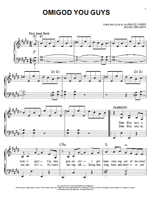 Learn to play Nell Benjamin Omigod You Guys sheet music for Easy Piano in minutes. Price: 6.9900$ Nell Benjamin Omigod You Guys sheet music notes and chords arranged for Easy Piano