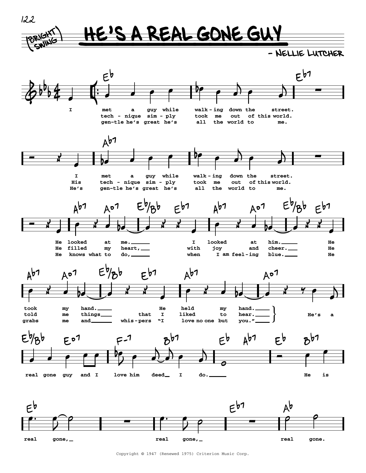 Learn to play Nellie Lutcher He's A Real Gone Guy (High Voice) sheet music for Real Book – Melody, Lyrics & Chords in minutes. Price: 5.9900$ Nellie Lutcher He's A Real Gone Guy (High Voice) sheet music notes and chords arranged for Real Book – Melody, Lyrics & Chords