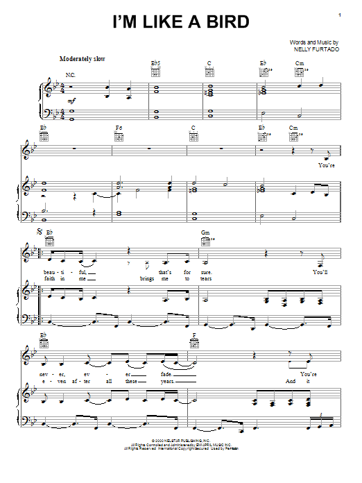 Nelly Furtado I'm Like A Bird sheet music notes and chords. Download Printable PDF.