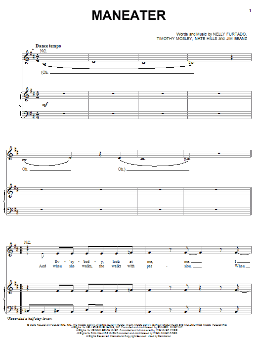 Learn to play Nelly Furtado Maneater sheet music for Piano, Vocal & Guitar Chords (Right-Hand Melody) in minutes. Price: 7.8900$ Nelly Furtado Maneater sheet music notes and chords arranged for Piano, Vocal & Guitar Chords (Right-Hand Melody)