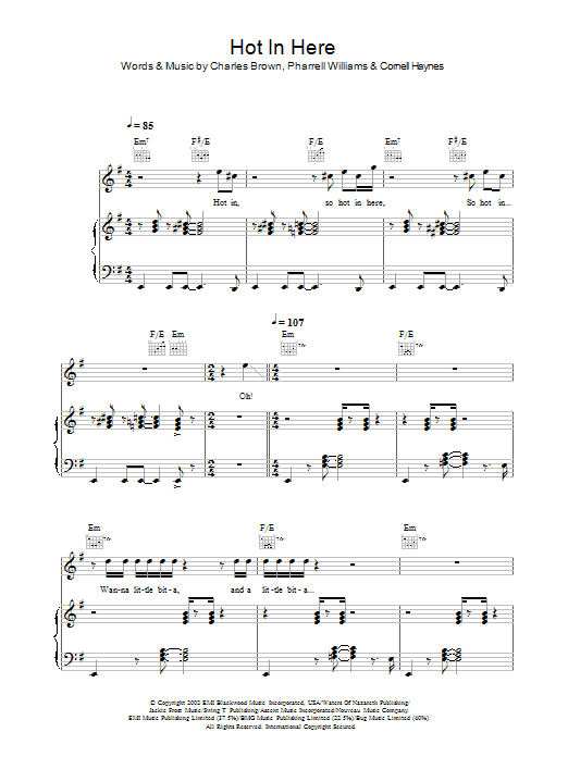 Nelly Hot In Here sheet music notes and chords. Download Printable PDF.