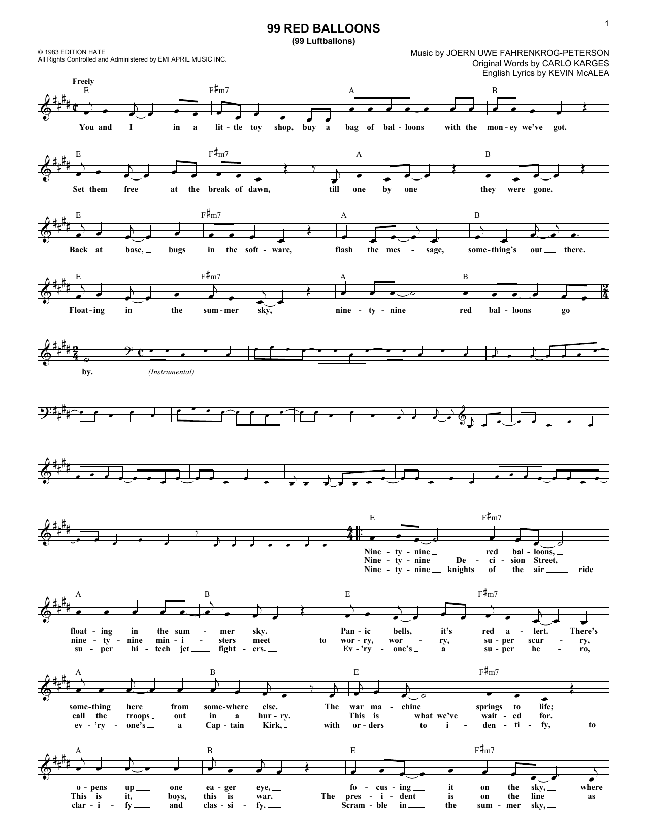 Nena 99 Red Balloons (99 Luftballons) sheet music notes and chords. Download Printable PDF.