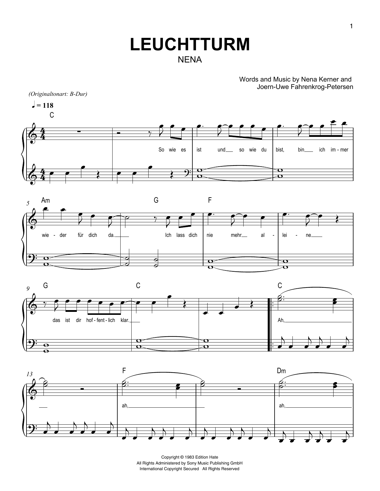 Nena Leuchtturm sheet music notes and chords. Download Printable PDF.