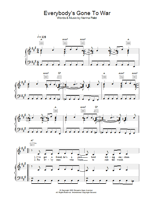 Learn to play Nerina Pallot Everybody's Gone To War sheet music for Piano, Vocal & Guitar Chords in minutes. Price: 7.8900$ Nerina Pallot Everybody's Gone To War sheet music notes and chords arranged for Piano, Vocal & Guitar Chords