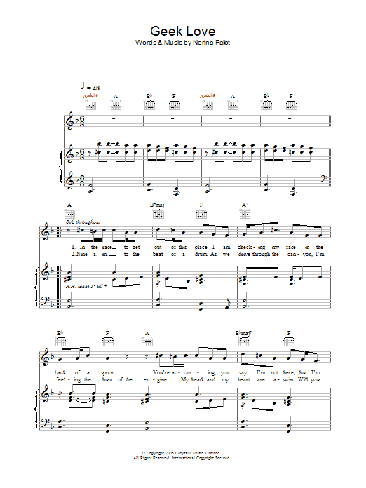 Learn to play Nerina Pallot Geek Love sheet music for Piano, Vocal & Guitar Chords in minutes. Price: 7.8900$ Nerina Pallot Geek Love sheet music notes and chords arranged for Piano, Vocal & Guitar Chords