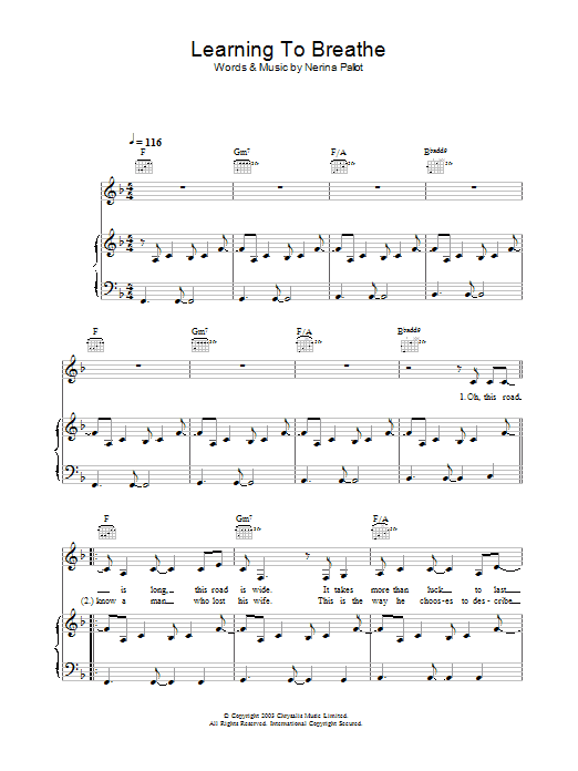 Nerina Pallot Learning To Breathe sheet music notes and chords arranged for Piano, Vocal & Guitar Chords