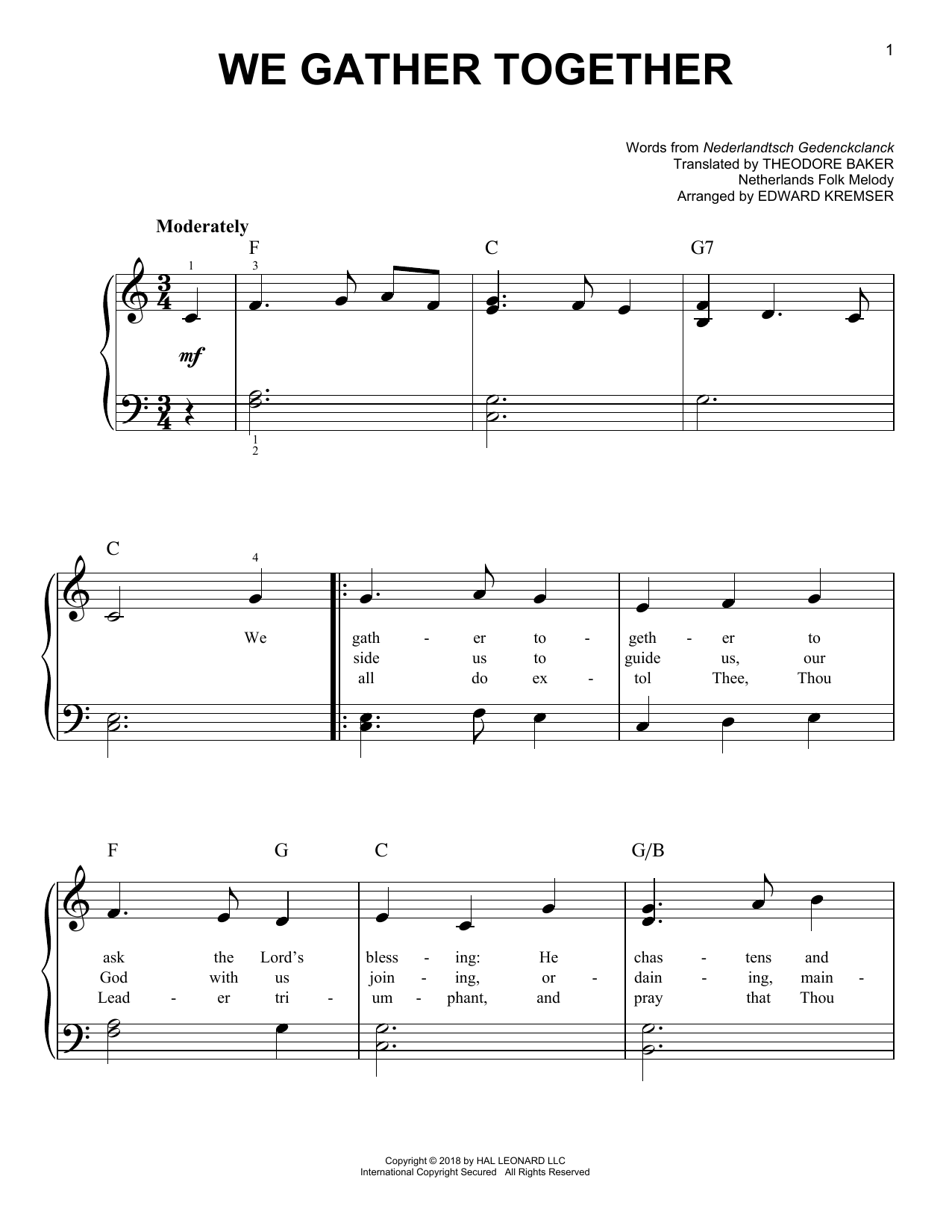 Edward Kremser We Gather Together sheet music notes and chords. Download Printable PDF.