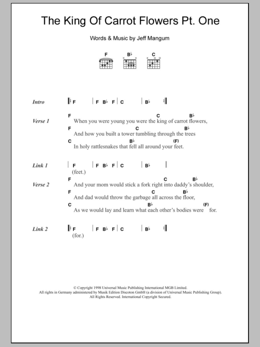 Learn to play Neutral Milk Hotel The King Of Carrot Flowers Pt. One sheet music for Guitar Chords/Lyrics in minutes. Price: 4.4900$ Neutral Milk Hotel The King Of Carrot Flowers Pt. One sheet music notes and chords arranged for Guitar Chords/Lyrics