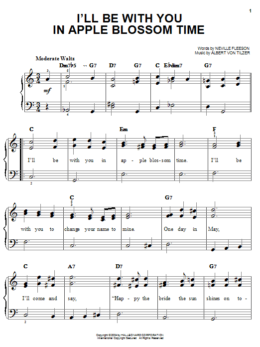 Learn to play Albert Von Tilzer I'll Be With You In Apple Blossom Time sheet music for Easy Piano in minutes. Price: 6.9900$ Albert Von Tilzer I'll Be With You In Apple Blossom Time sheet music notes and chords arranged for Easy Piano