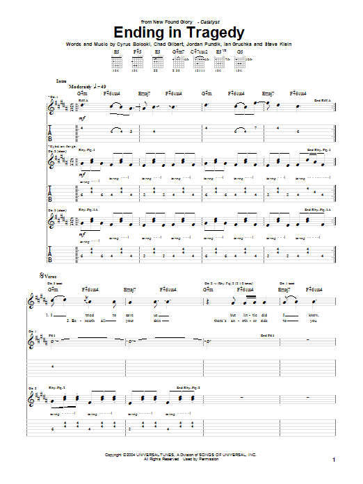 Learn to play New Found Glory Ending In Tragedy sheet music for Guitar Tab in minutes. Price: 7.8900$ New Found Glory Ending In Tragedy sheet music notes and chords arranged for Guitar Tab
