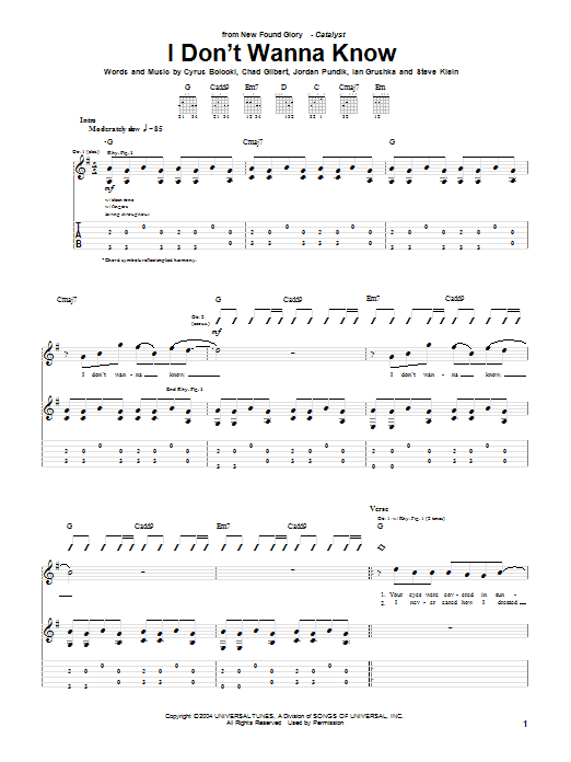 Learn to play New Found Glory I Don't Wanna Know sheet music for Guitar Tab in minutes. Price: 7.8900$ New Found Glory I Don't Wanna Know sheet music notes and chords arranged for Guitar Tab