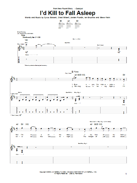 Learn to play New Found Glory I'd Kill To Fall Asleep sheet music for Guitar Tab in minutes. Price: 7.8900$ New Found Glory I'd Kill To Fall Asleep sheet music notes and chords arranged for Guitar Tab