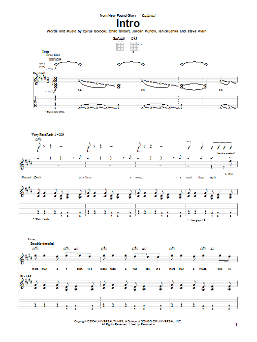 Learn to play New Found Glory Intro sheet music for Guitar Tab in minutes. Price: 7.8900$ New Found Glory Intro sheet music notes and chords arranged for Guitar Tab