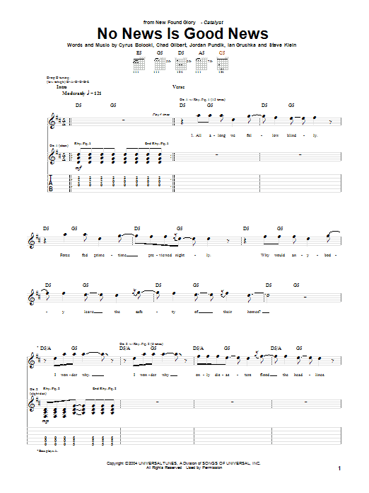 Learn to play New Found Glory No News Is Good News sheet music for Guitar Tab in minutes. Price: 7.8900$ New Found Glory No News Is Good News sheet music notes and chords arranged for Guitar Tab