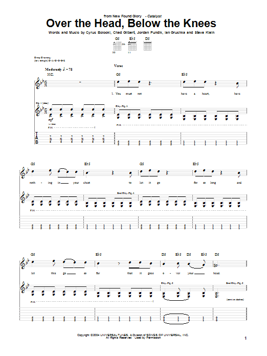 Learn to play New Found Glory Over The Head, Below The Knees sheet music for Guitar Tab in minutes. Price: 7.8900$ New Found Glory Over The Head, Below The Knees sheet music notes and chords arranged for Guitar Tab