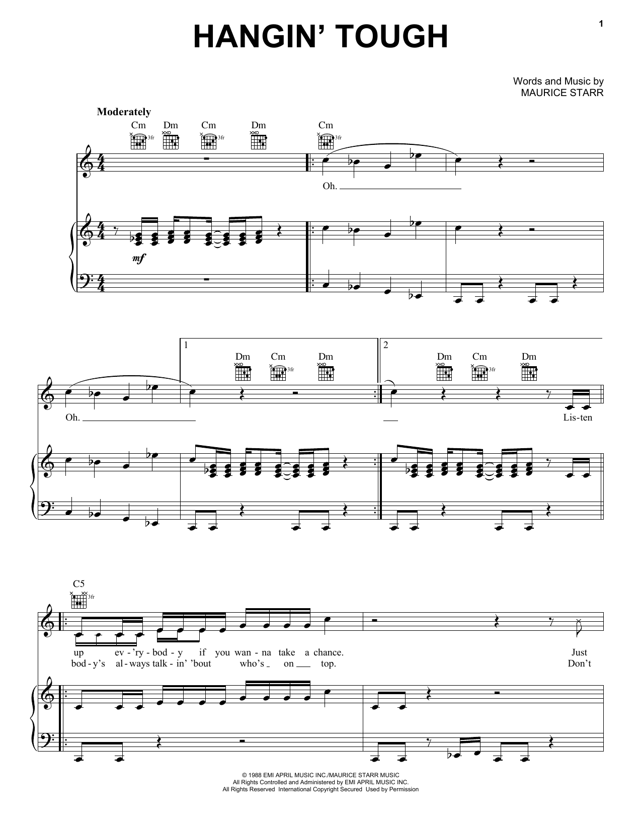 New Kids On The Block Hangin' Tough sheet music notes and chords arranged for Piano, Vocal & Guitar Chords