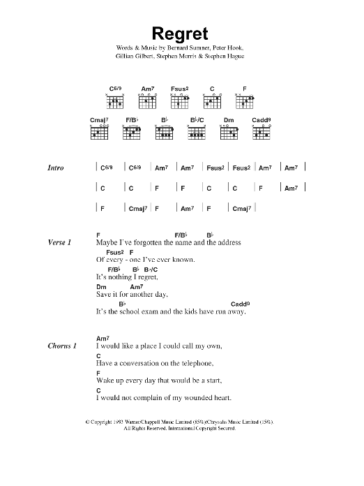 New Order Regret sheet music notes and chords arranged for Guitar Tab