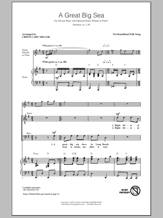 Learn to play Cristi Cary Miller A Great Big Sea sheet music for TB Choir in minutes. Price: 3.9900$ Cristi Cary Miller A Great Big Sea sheet music notes and chords arranged for TB Choir