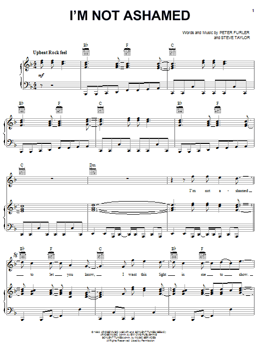 Learn to play Newsboys I'm Not Ashamed sheet music for Piano, Vocal & Guitar Chords (Right-Hand Melody) in minutes. Price: 7.8900$ Newsboys I'm Not Ashamed sheet music notes and chords arranged for Piano, Vocal & Guitar Chords (Right-Hand Melody)