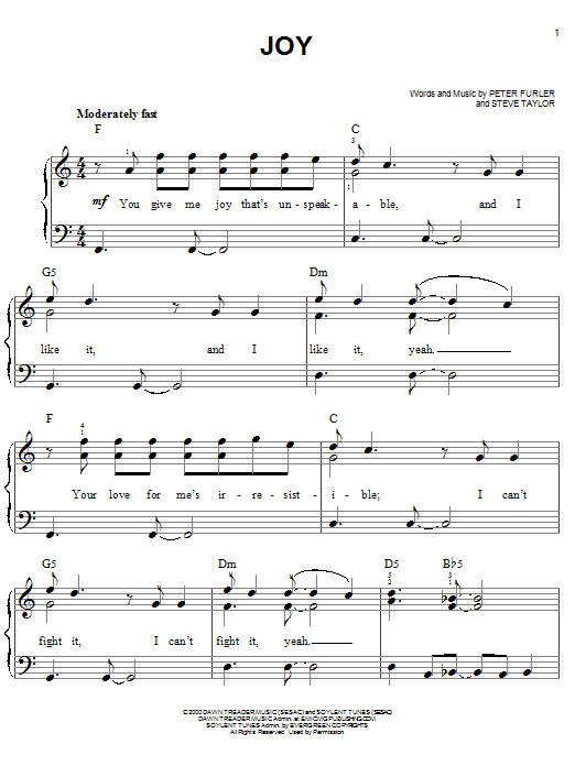 Learn to play Newsboys Joy sheet music for Easy Piano in minutes. Price: 6.9900$ Newsboys Joy sheet music notes and chords arranged for Easy Piano