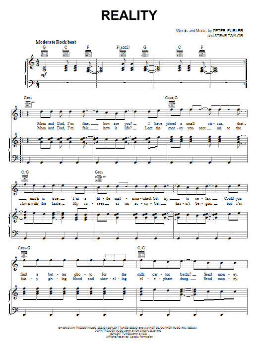 Newsboys Reality sheet music notes and chords arranged for Piano, Vocal & Guitar Chords (Right-Hand Melody)