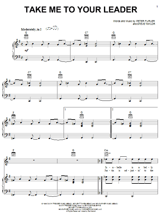 Learn to play Newsboys Take Me To Your Leader sheet music for Piano, Vocal & Guitar Chords (Right-Hand Melody) in minutes. Price: 7.8900$ Newsboys Take Me To Your Leader sheet music notes and chords arranged for Piano, Vocal & Guitar Chords (Right-Hand Melody)