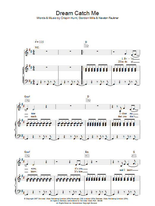 Newton Faulkner Dream Catch Me sheet music notes and chords. Download Printable PDF.