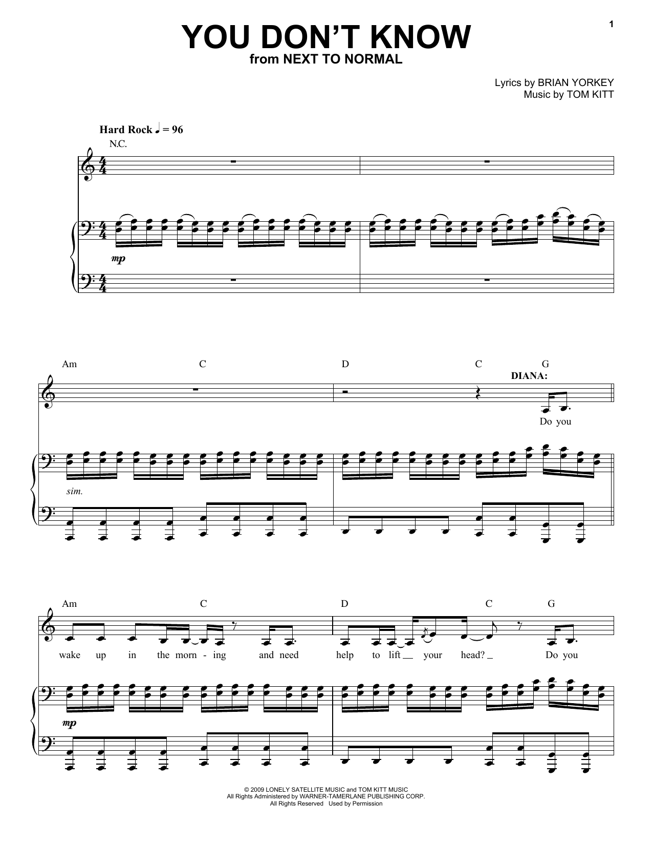 Learn to play Next to Normal Cast You Don't Know (from Next to Normal) sheet music for Piano & Vocal in minutes. Price: 7.8900$ Next to Normal Cast You Don't Know (from Next to Normal) sheet music notes and chords arranged for Piano & Vocal