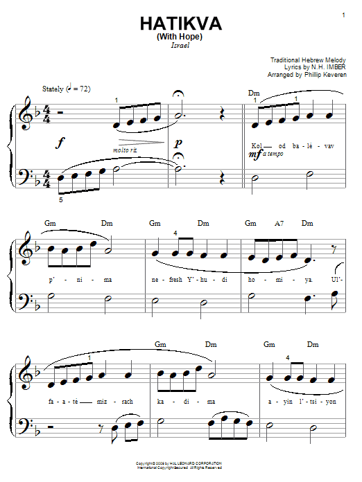 N.H. Imber Hatikvah (With Hope) sheet music notes and chords arranged for Big Note Piano