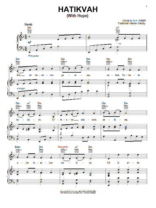 N.H. Imber Hatikvah (With Hope) sheet music notes and chords. Download Printable PDF.