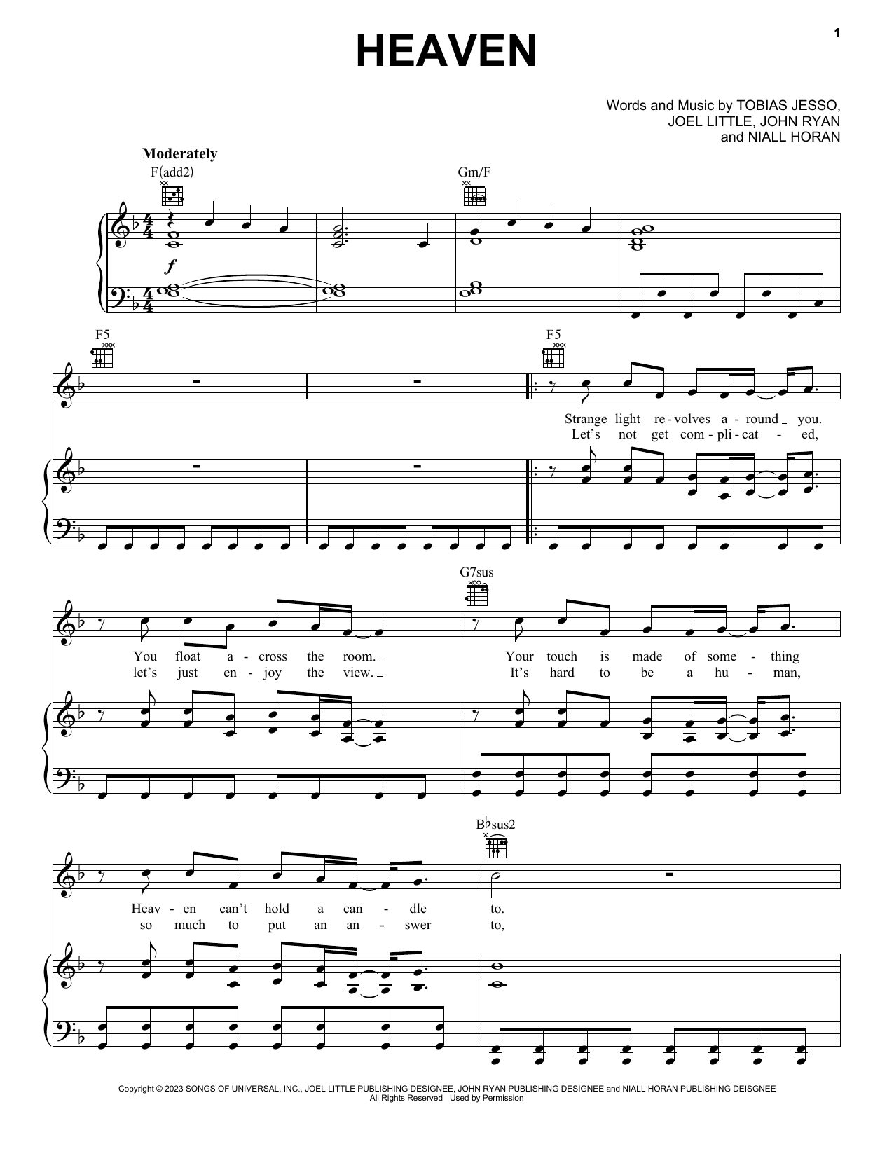 Niall Horan Heaven sheet music notes and chords arranged for Piano, Vocal & Guitar Chords (Right-Hand Melody)