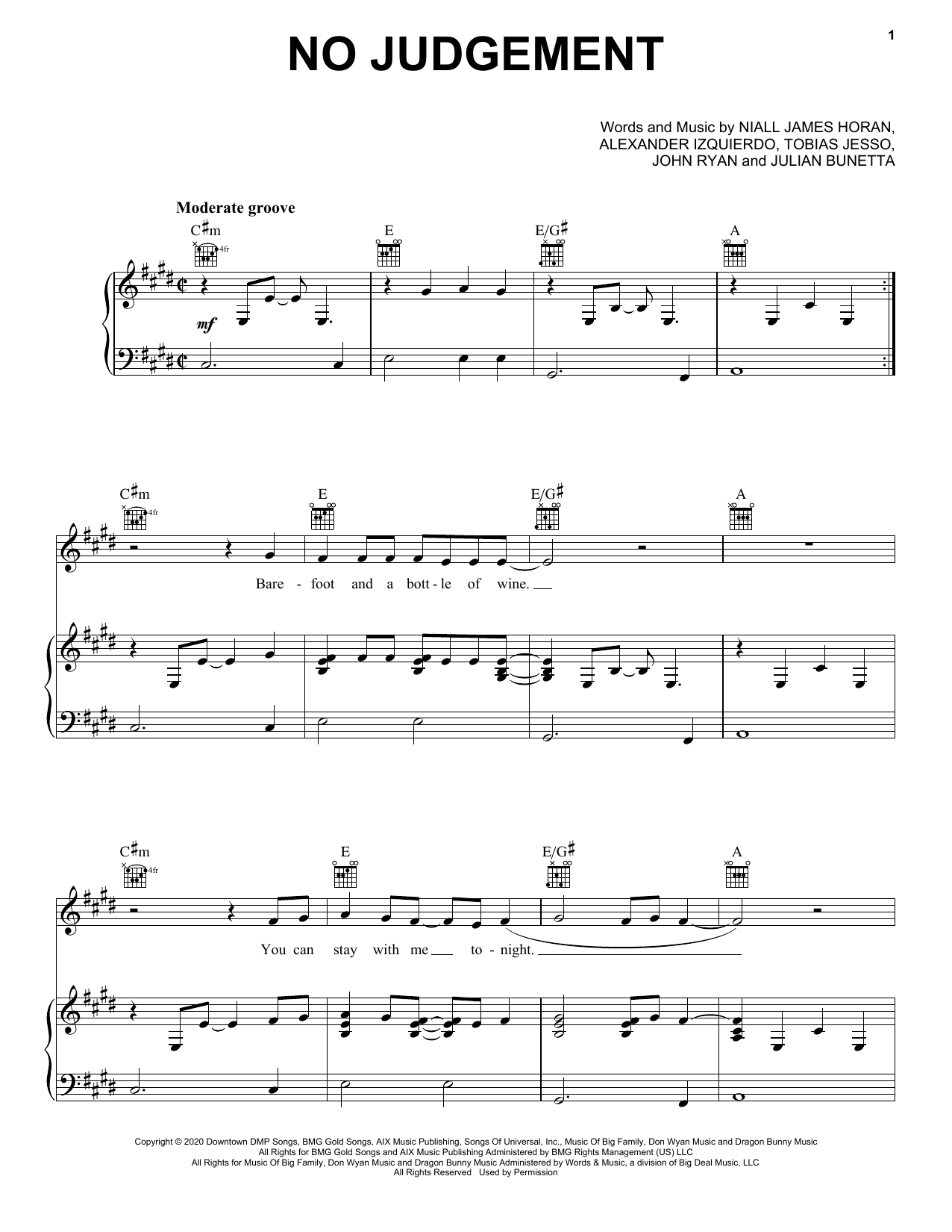 Learn to play Niall Horan No Judgement sheet music for Piano, Vocal & Guitar Chords (Right-Hand Melody) in minutes. Price: 6.9900$ Niall Horan No Judgement sheet music notes and chords arranged for Piano, Vocal & Guitar Chords (Right-Hand Melody)