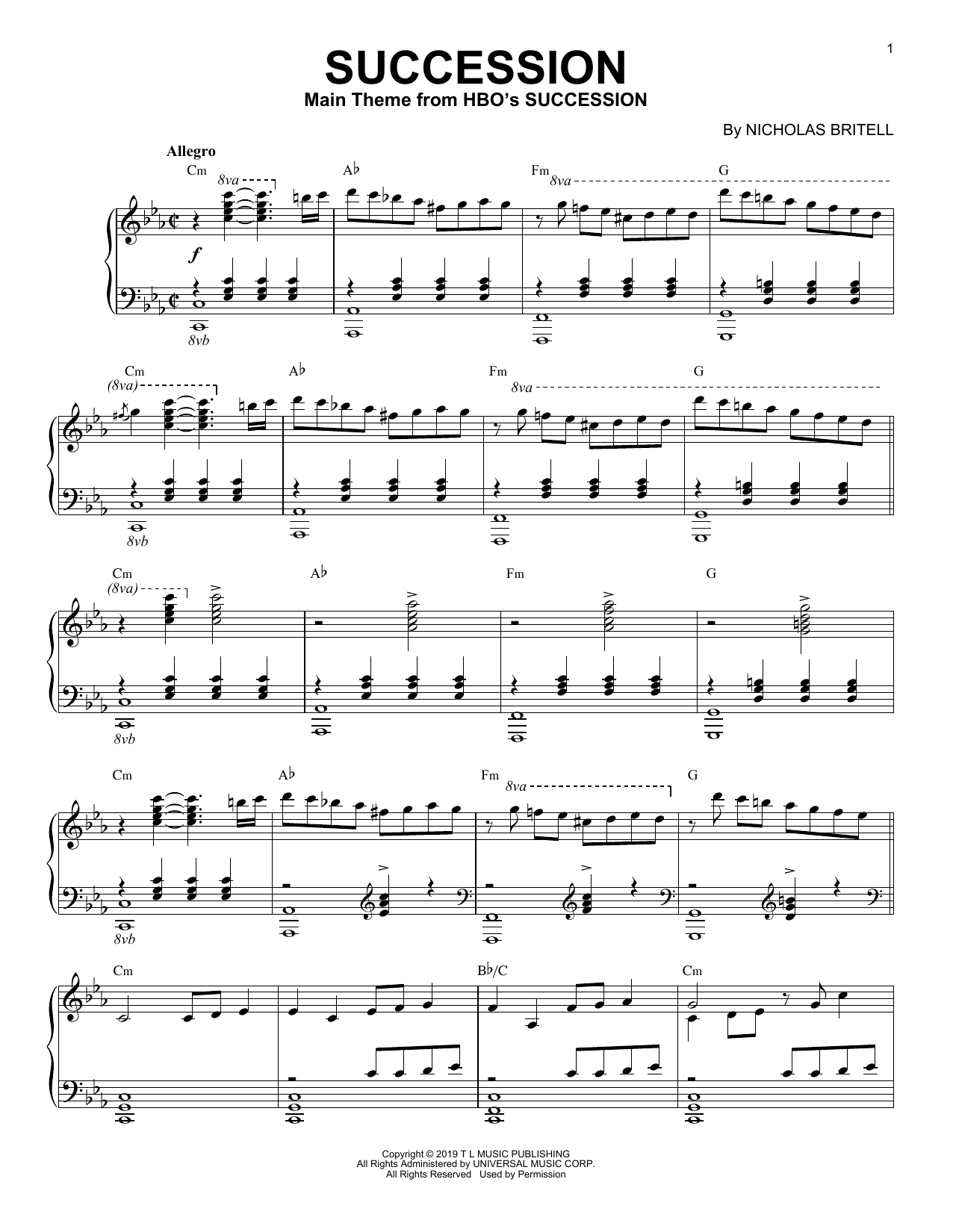 Nicholas Britell Succession Theme sheet music notes and chords. Download Printable PDF.