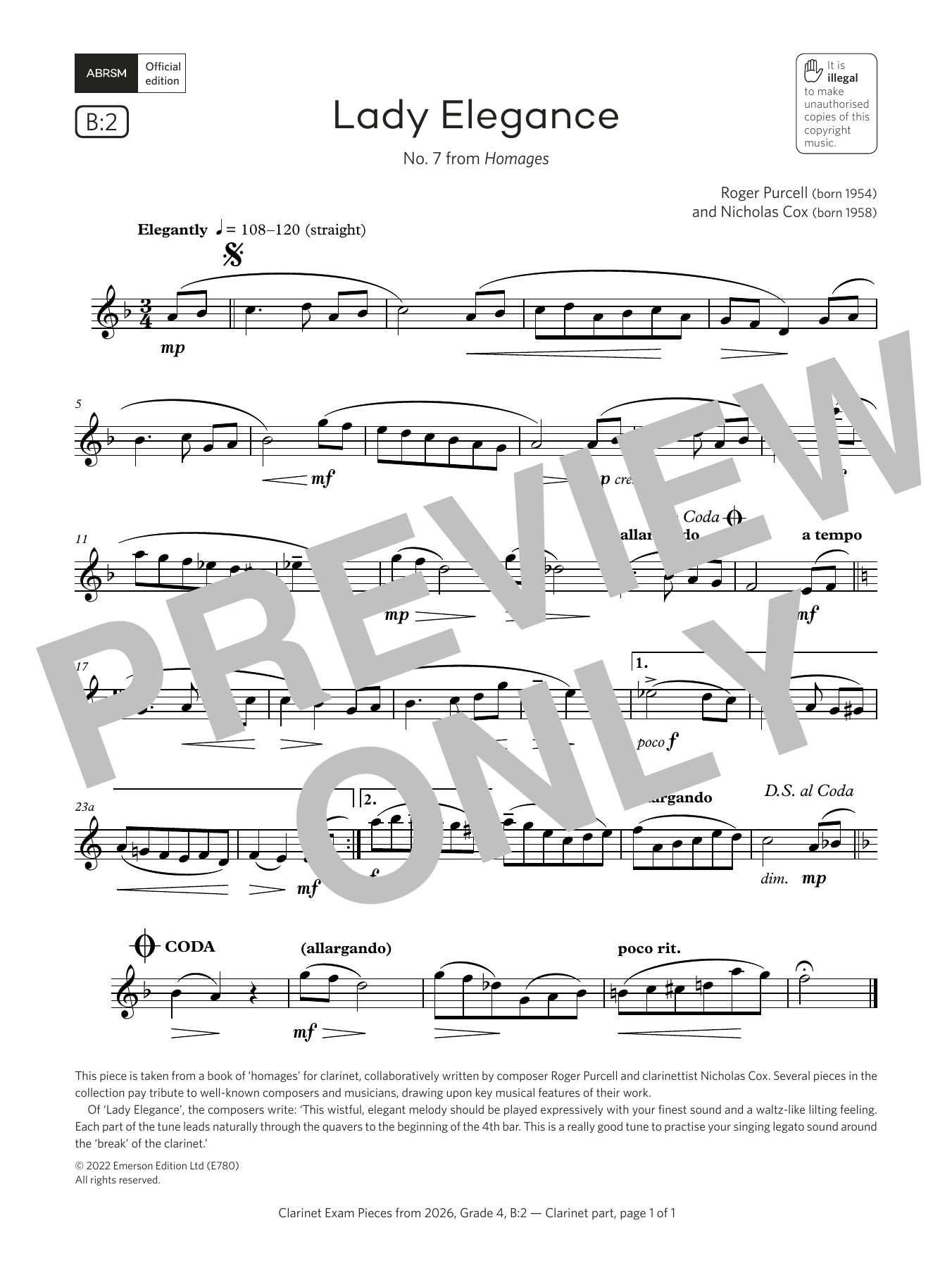 Learn to play Nicholas Cox Lady Elegance (Grade 4, list B2, from the ABRSM Clarinet Syllabus from 2026) sheet music for Clarinet Solo in minutes. Price: 5.9900$ Nicholas Cox Lady Elegance (Grade 4, list B2, from the ABRSM Clarinet Syllabus from 2026) sheet music notes and chords arranged for Clarinet Solo